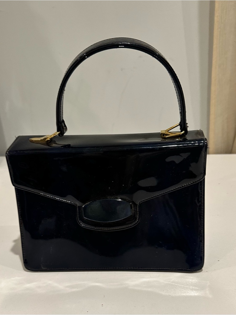Vintage Structured Patent Satchel in Deep Blue-Black